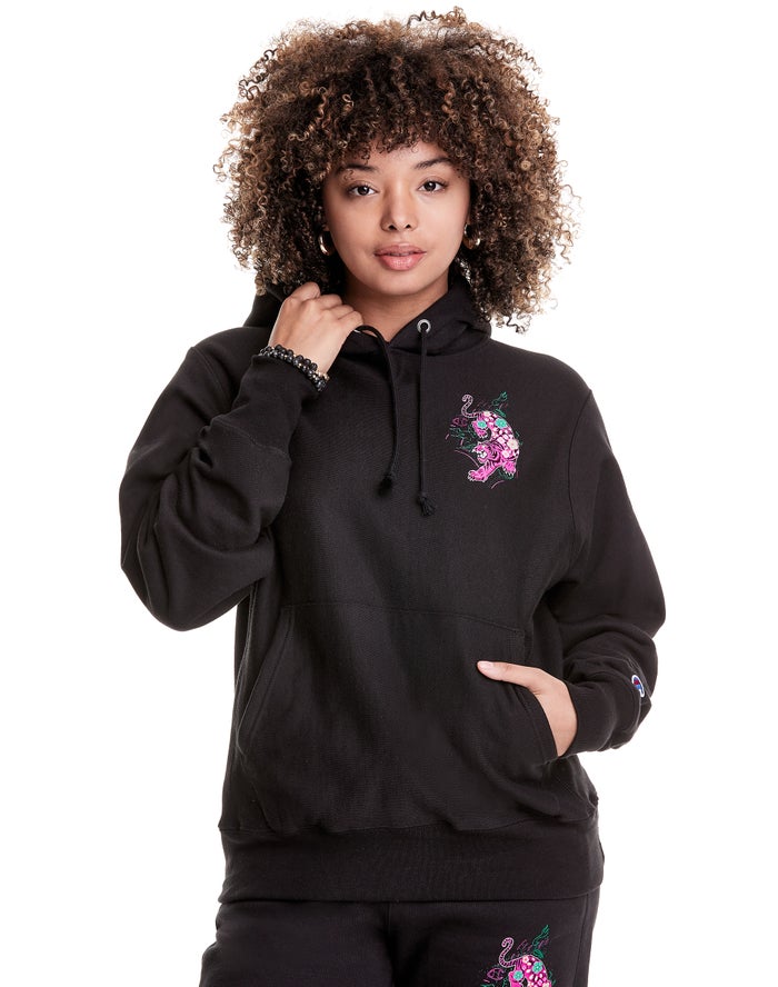 Champion Womens Hoodie NZ - Reverse Weave Year Of The Tiger Black ( 4723-FOXUN )